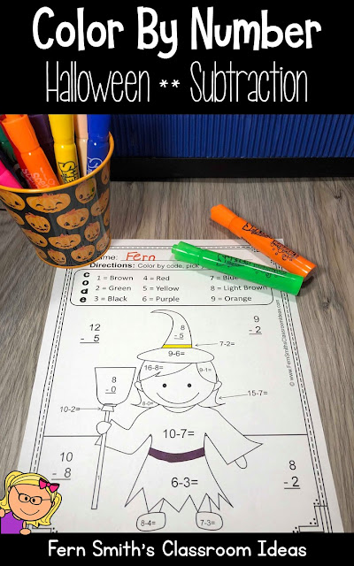 Halloween Color By Number for Some October Halloween Fun For Your Addition and Subtraction Math Lessons - For Kindergarten, First Grade and Second Grade - TeacherspayTeachers - #FernSmithsClassroomIdeas