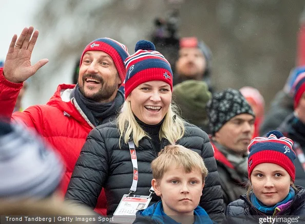 Crown prince Haakon Magnus of Norway, Crown Princess Mette Marit of Norway, Princess Ingrid Alexander of Norway and Prince Sverre Magnus of Norway attend the men 4 x 10.0 km Relay Classic/Free during the FIS Nordic World Ski Championships at the Lugnet venue in Falun, Sweden