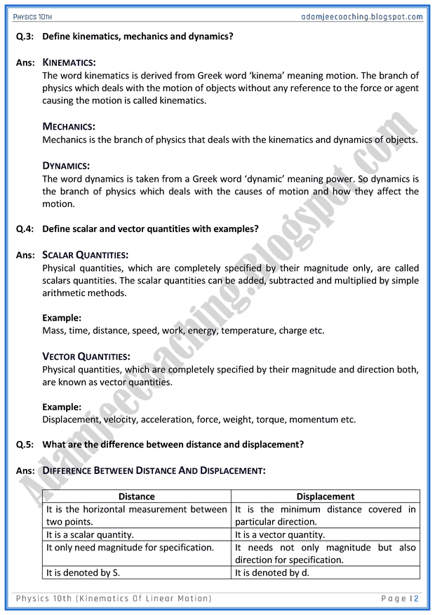 Adamjee Coaching Kinematics of Linear Motion Question Answers Physics 10th