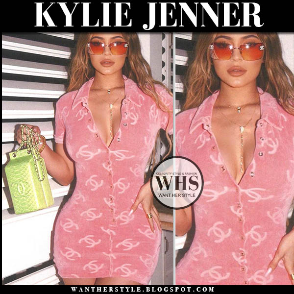 Kylie Jenner in pink logo mini dress on ...