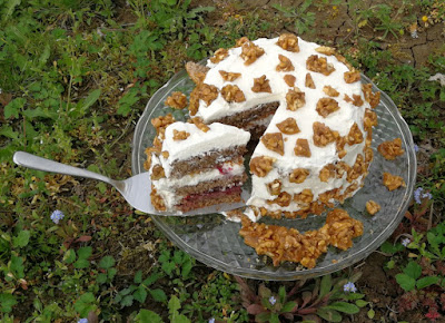 Kleine Walnuss-Krokant-Torte mit Preiselbeerfüllung