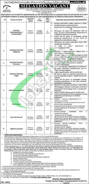 Today jobs in Govt Punjab Human Organ Transplantation Authority, latest jobs in PHOTA Application Form april 2021 Download Online