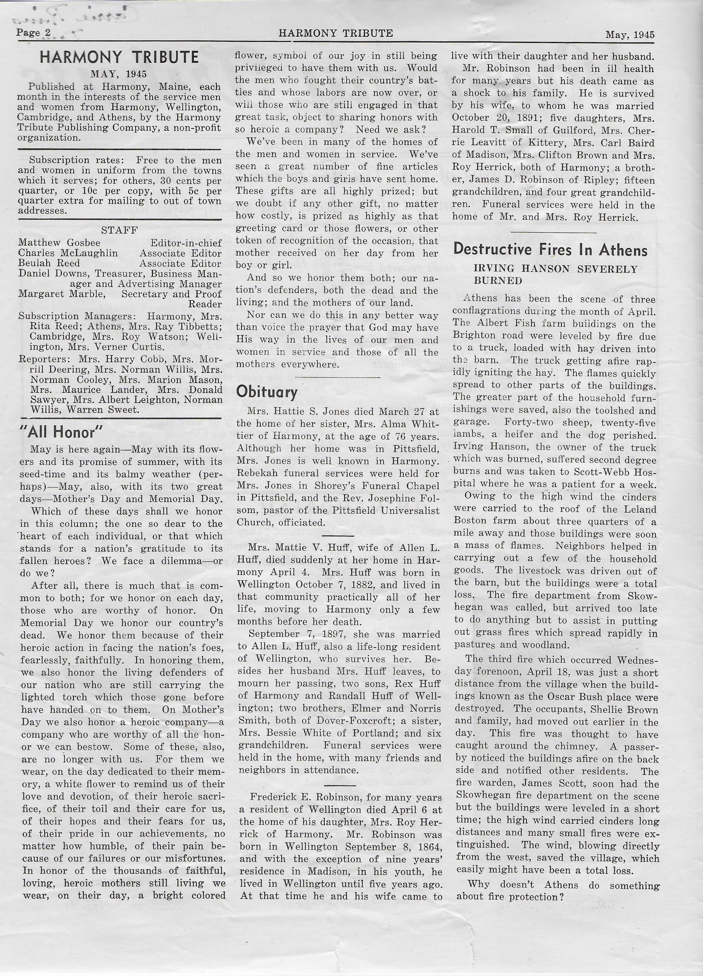 Heirlooms Reunited May 1945 Issue of the Harmony Tribute of Harmony