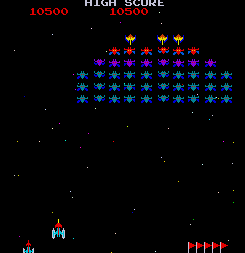A clip of Galaxian gameplay at 2x speed with the bullets traced out.  Most of the bullets move diagonally, despite being vertical sprites.