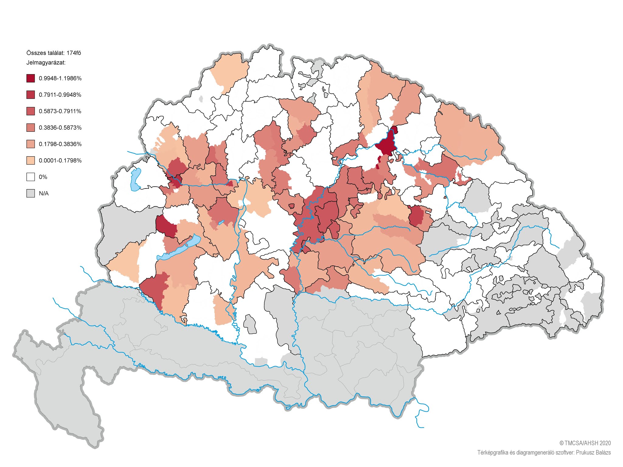 2. ábra: A Fazekas családnév földrajzi elterjedtsége 1713–1715-ben (Forrás: Történeti magyar családnévatlasz. Kutatásvezető: N. Fodor János.)