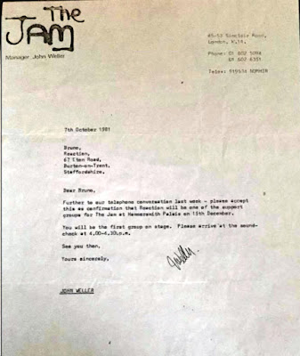 Letter John Weller sent to mod band REACTION confirming their support slot with The Jam at Hammersmith in December 1981