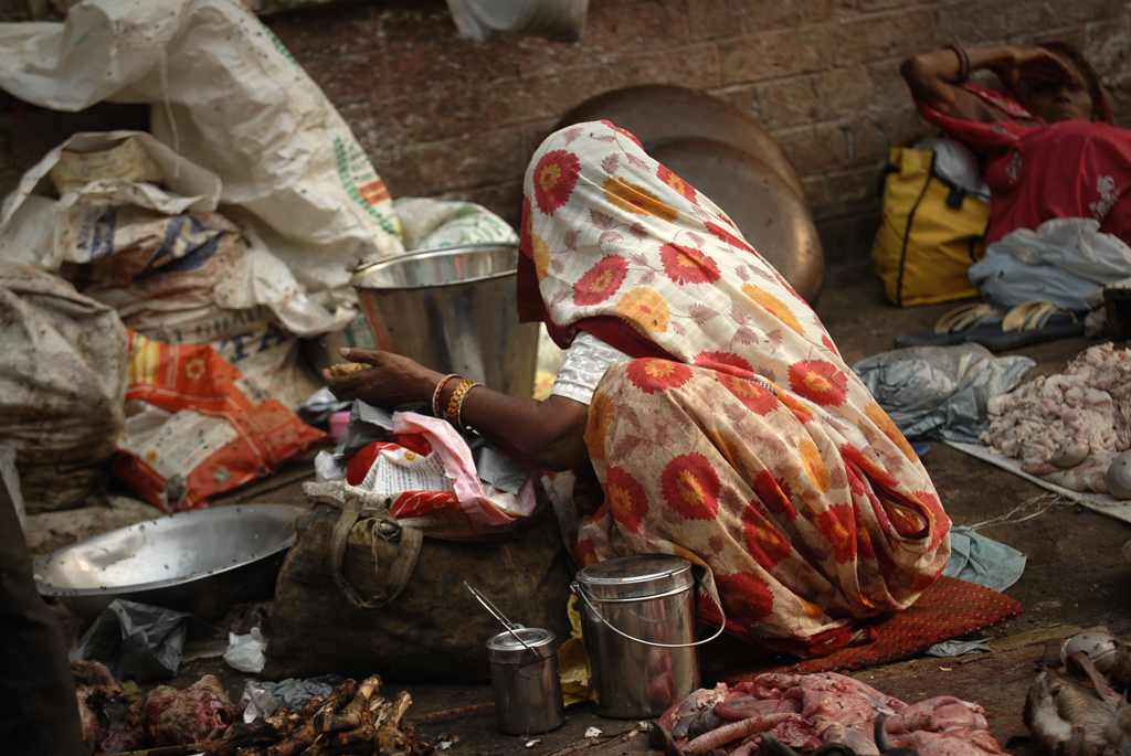 Indian woman preparing meat in Delhi in India