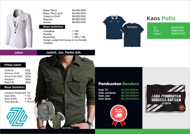 Katalog harga pembuatan kaos, kemeja, dan apparel lainnya di Zrafco Supply