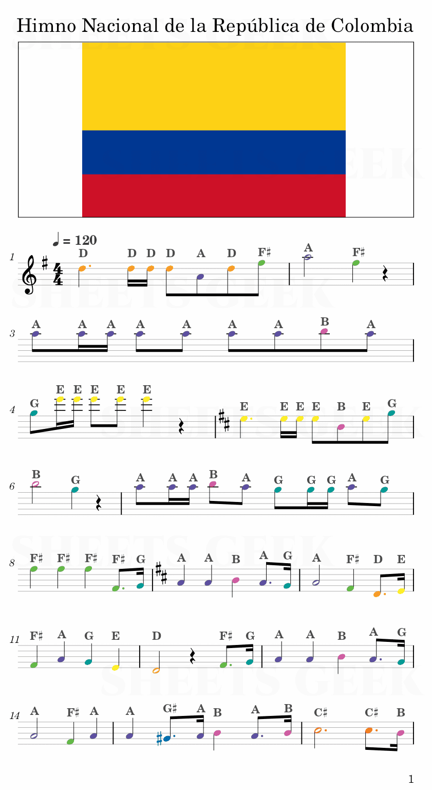 Himno Nacional de la República de Colombia - Colombia National Anthem Easy Sheet Music Free for piano, keyboard, flute, violin, sax, cello page 1