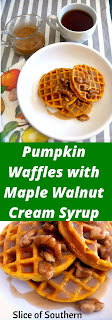 Pumpkin Waffles with Maple Walnut Cream Syrup:  With an easy to make batter these toasty and fluffy waffles, bursting with warm spices and pumpkin flavors, will be on your table in no time. - Make Ahead for Thanksgiving morning! - Slice of Southern