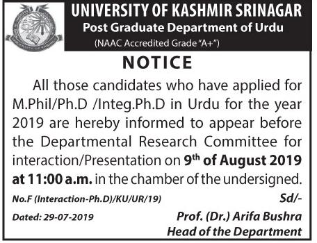 University of Kashmir Notice for candidates who have applied for M.phill/P.hd/integrated P.hd in Urdu