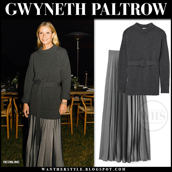 Gwyneth Paltrow in grey belted sweater and grey pleated skirt on