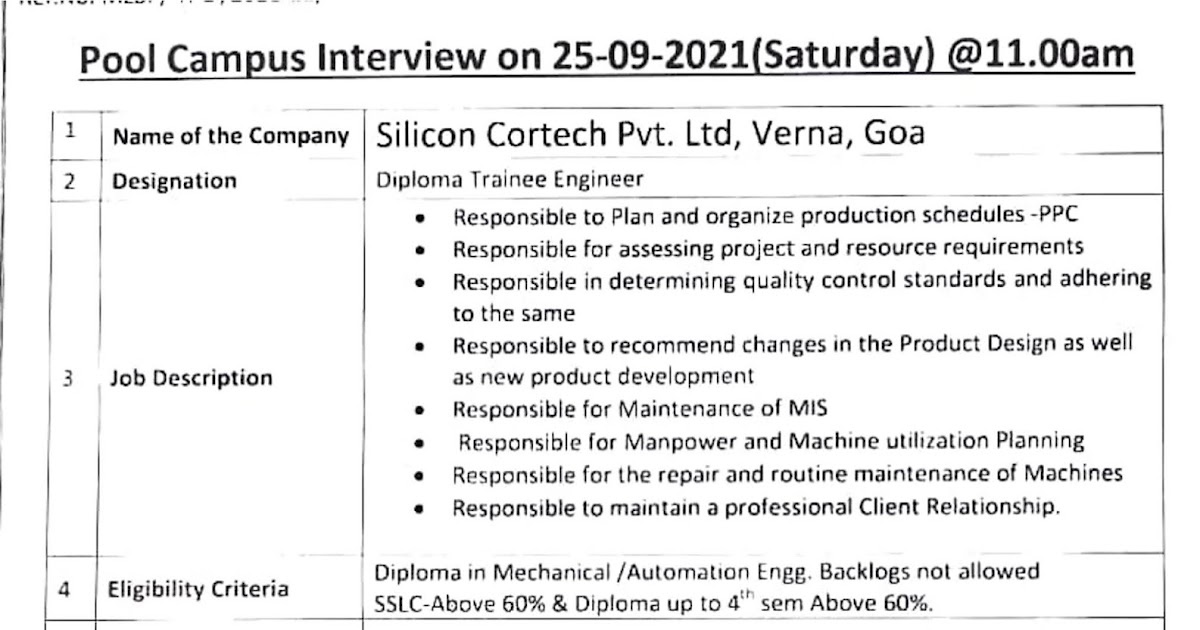 Silicon Cortech Pvt. Ltd, Verna, Goa conducting Pool Campus Interview