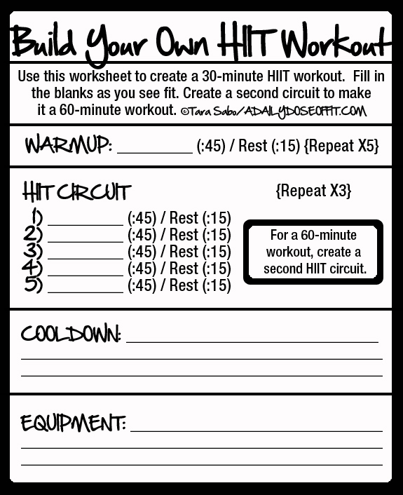 Make a high intensity interval workout for your next trip to the gym. This worksheet will guide you.