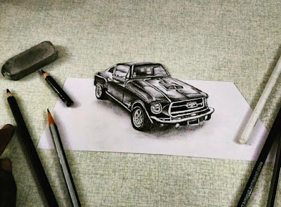 3D CAR DRAWING ON SINGLE PAPER PENCIL SKETCH