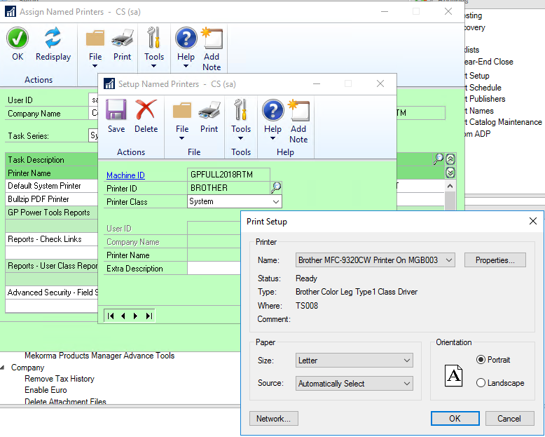 MSDYNGP Named Printers and Redirected Printers in RDP environments