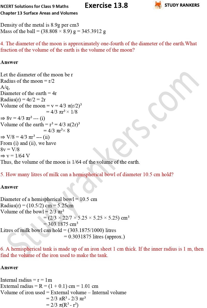 NCERT Solutions for Class 9 Maths Chapter 13 Surface Areas and Volumes Exercise 13.8 Part 2