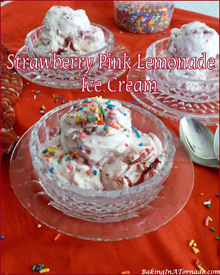 Strawberry Pink Lemonade (NO CHURN) Ice cream uses lemonade concentrate, fresh strawberries and just a few other ingredients for a refreshing summer treat. | Recipe developed by www.BakingInATornado.com | #recipe #summer #dessert