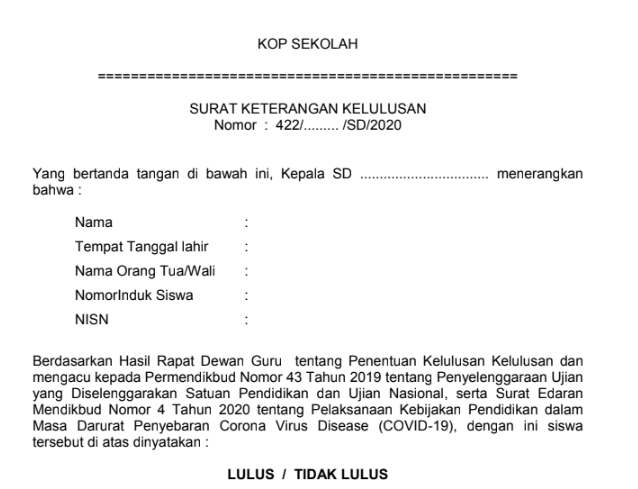 Contoh Surat Keterangan Kelulusan Siswa Sd Tahun 2020 Administrasi Paud