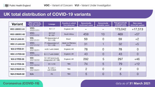 31st March 2021 Chart showing total COVID variants detected in the UK