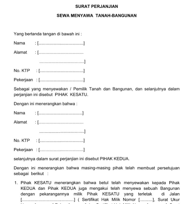 Contoh Surat Resmi Perjanjian Sewa Menyewa Tanah Bangunan Format Word