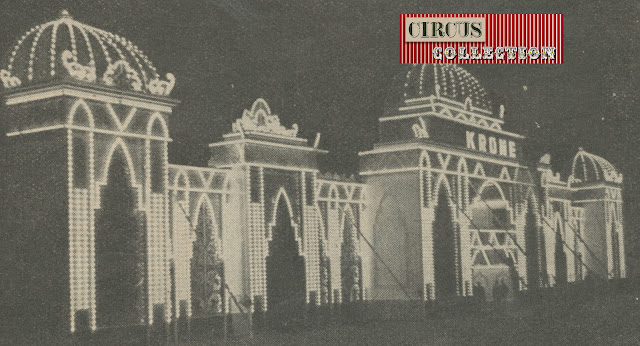 la gigantesque façade du cirque Krone, de nuit et illumine de millier d'ampoules 