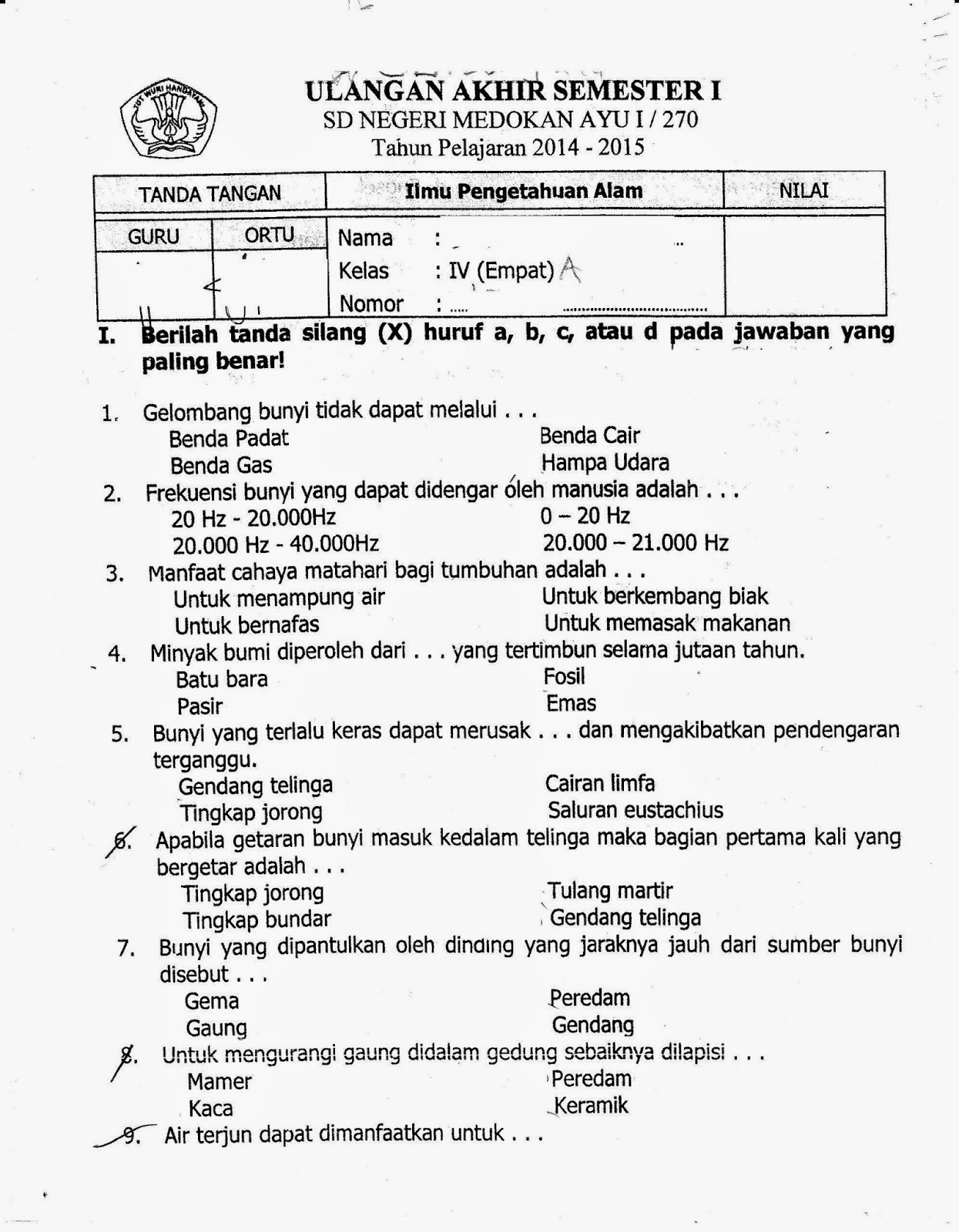 UAS Semester Ganjil IPA Kelas 4 SD TA 2014 2015