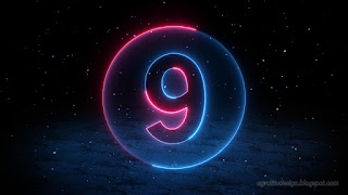 Number 9 Neon Light Style With Circle on Dark Blue Rough Floor Tiles In the Snowfall