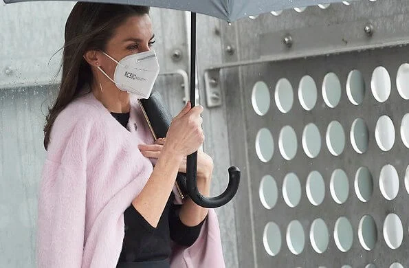 Queen Letizia wore a marlie contrast pleat midi skirt from Reiss, pink brushed wool coat from Carolina Herrera. Steve Madden dominique boots