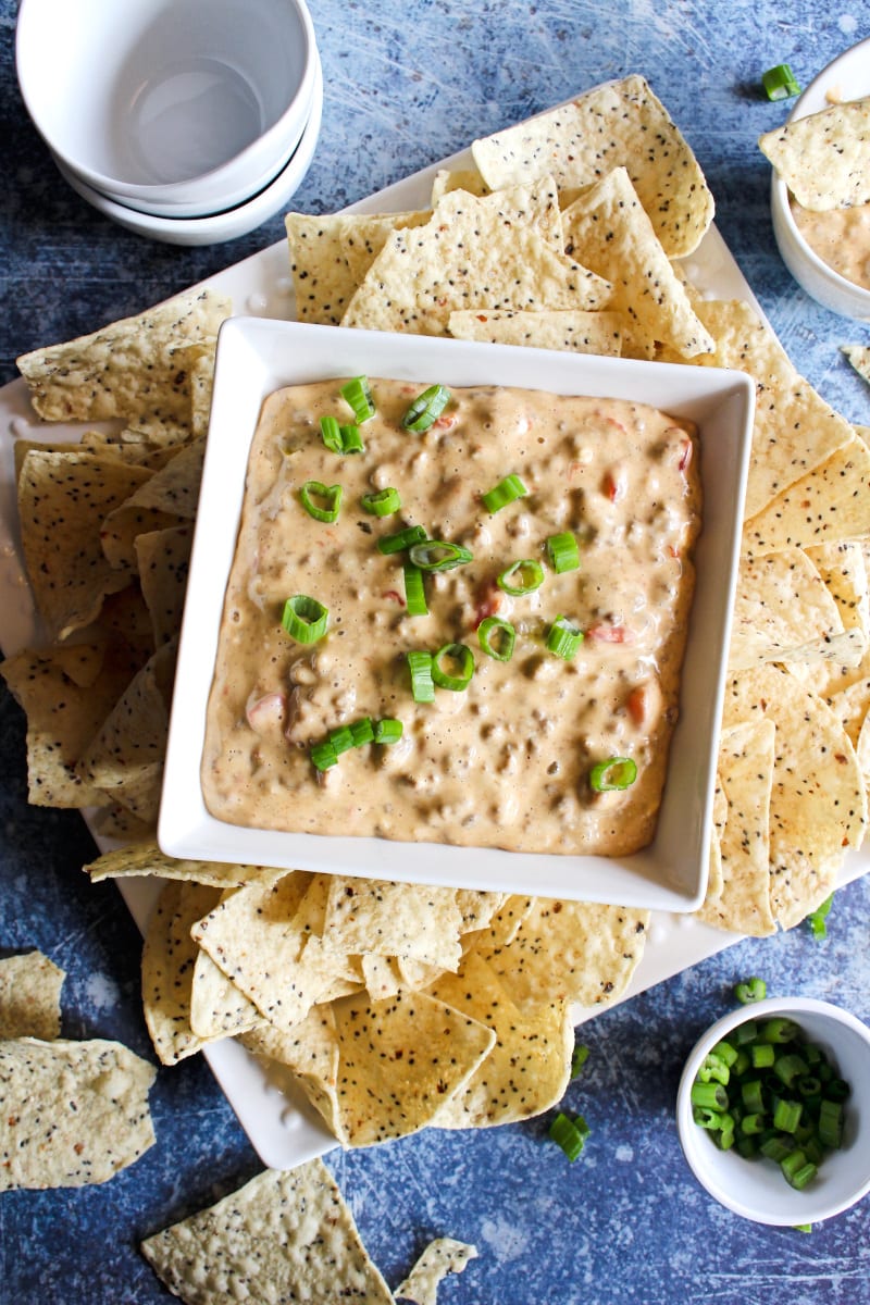 With just four ingredients, this Velveeta Rotel Dip couldn't be easier to make! It's a crowd-pleasing appetizer for game days and get-togethers! #velveeta #cheesedip