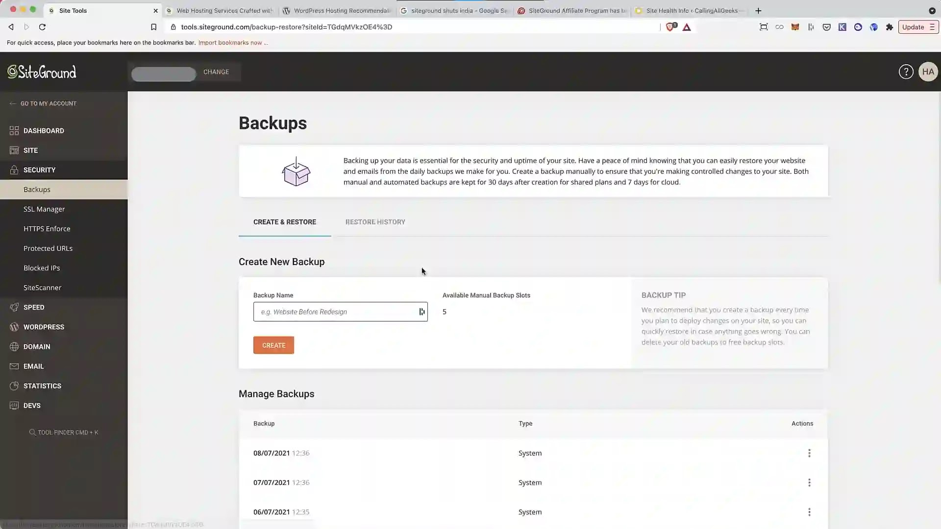 SiteGround manual backup