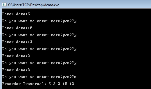 C Program for Binary Search Tree Insertion and Preorder Traversal