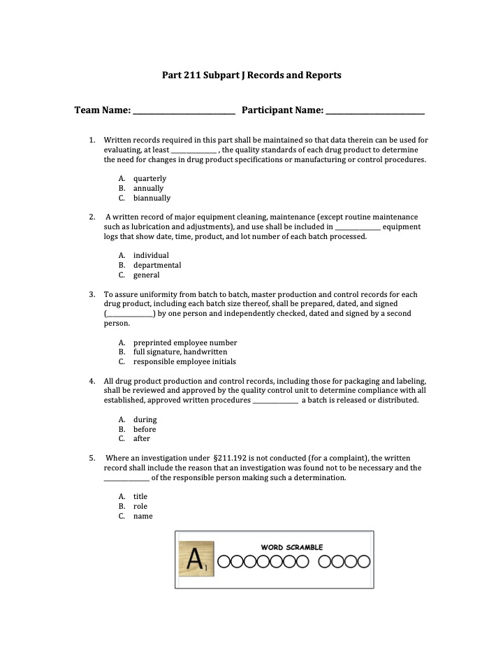 The QA Pharm Weekly CGMP Quiz 10 Part 211 Subpart J Records and