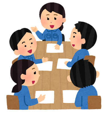作業服を着た人たちの会議のイラスト(笑顔)