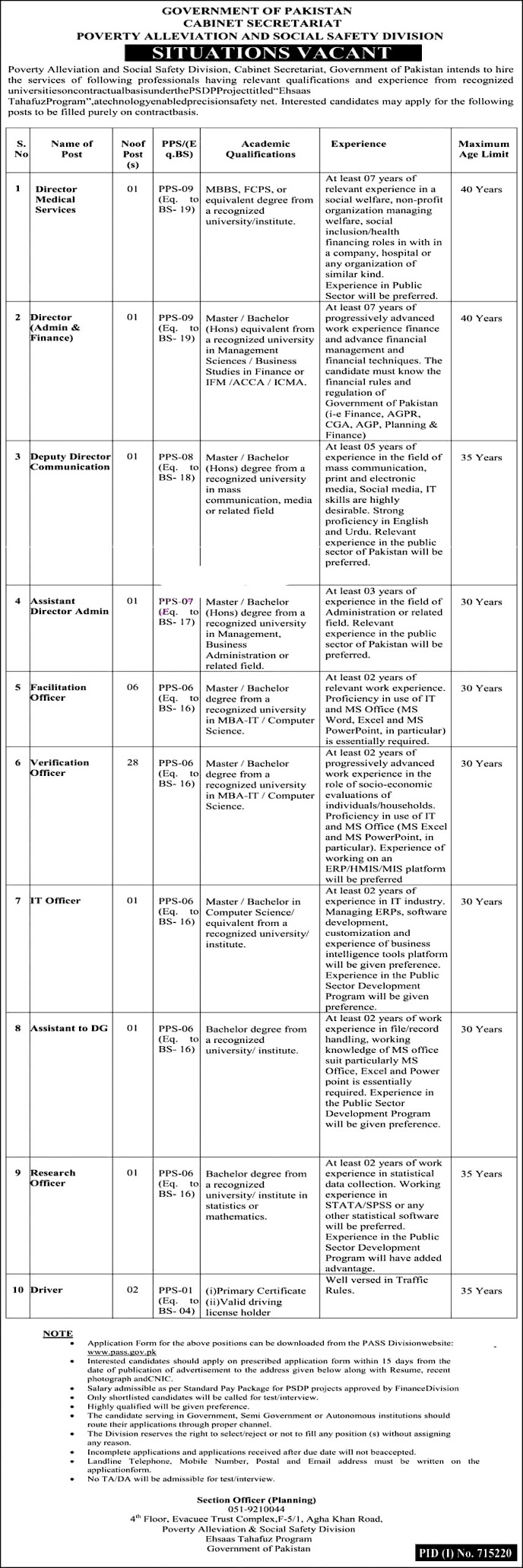 Latest Jobs in Cabinet Secretariat Poverty Alleviation & Social Safety PASS 2021