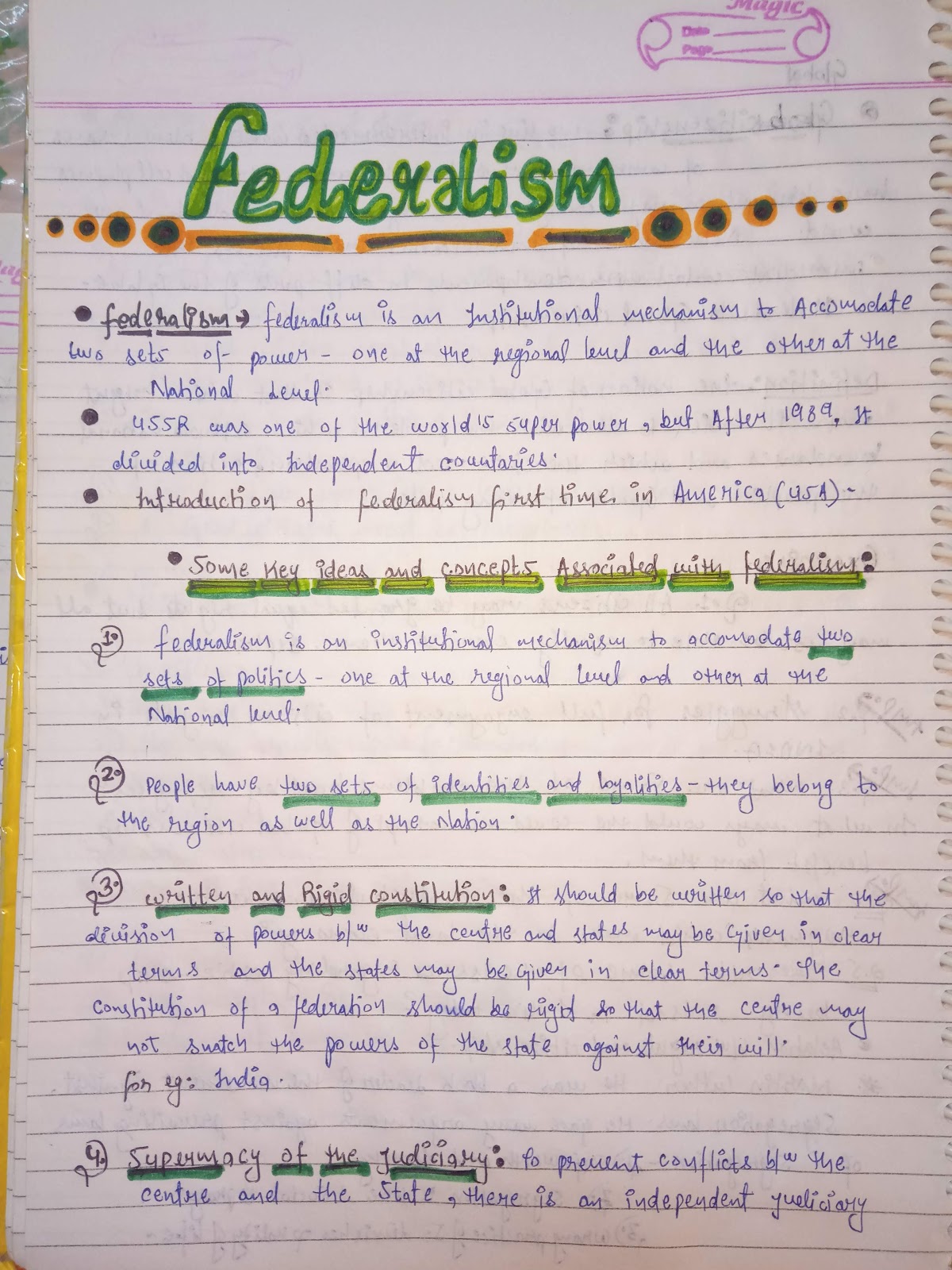 Handwritten Notes of FEDERALISM - Political Science - Class 11th