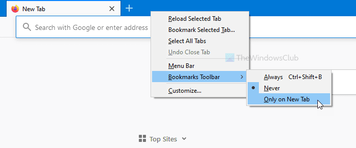 Cómo habilitar la barra de herramientas de marcadores de Firefox solo en la página de nueva pestaña