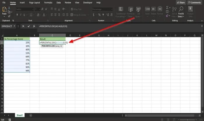 Cách sử dụng hàm Percentile.Exc trong Microsoft Excel