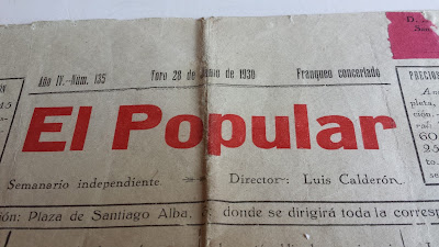 Año IV.--Núm. 135. - Toro 28 de junio de 1930 - Franqueo concertado. El Popular. Semanario Independiente. Director Luis Calderón.