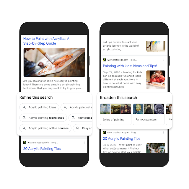 Immagine di due telefoni che mostrano maggiori informazioni sulle ricerche Google.