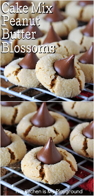Cake Mix Peanut Butter Blossoms ~ Whip up a quick & easy version of these iconic cookies, using yellow cake mix as their base! Super tasty, and hardly any measuring involved.  www.thekitchenismyplayground.com
