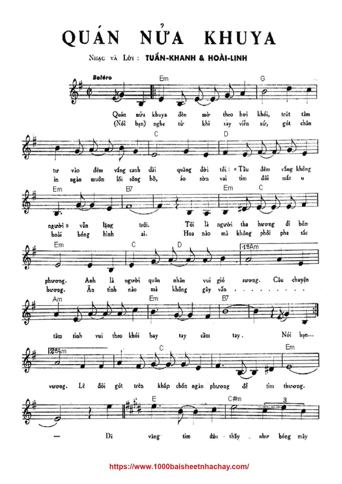 SHEET MUSIC FREE Sheet PIANO FOR YOU Sheet nhạc bài Quán nửa khuya