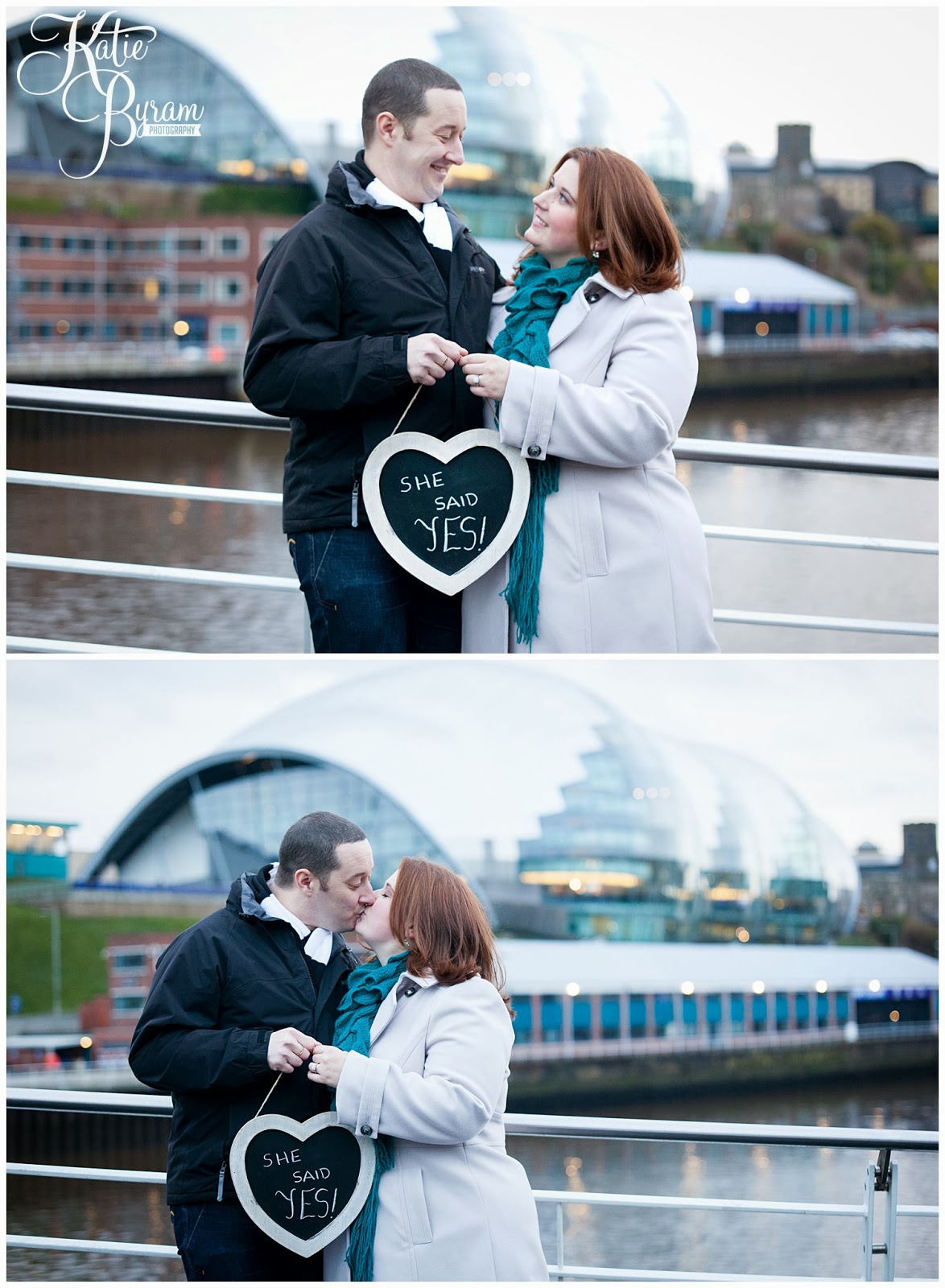 she said yes sign, newcastle quayside engagement, newcastle pre-wedding shoot, newcastle quayside portraits, tyne bride engagement, christmas in newcastle, fenwicks window, millenium bridge engagement, pitcher and piano newcastle, olive and bean cafe, the baltic wedding, newcastle wedding photographer, katie byram photography