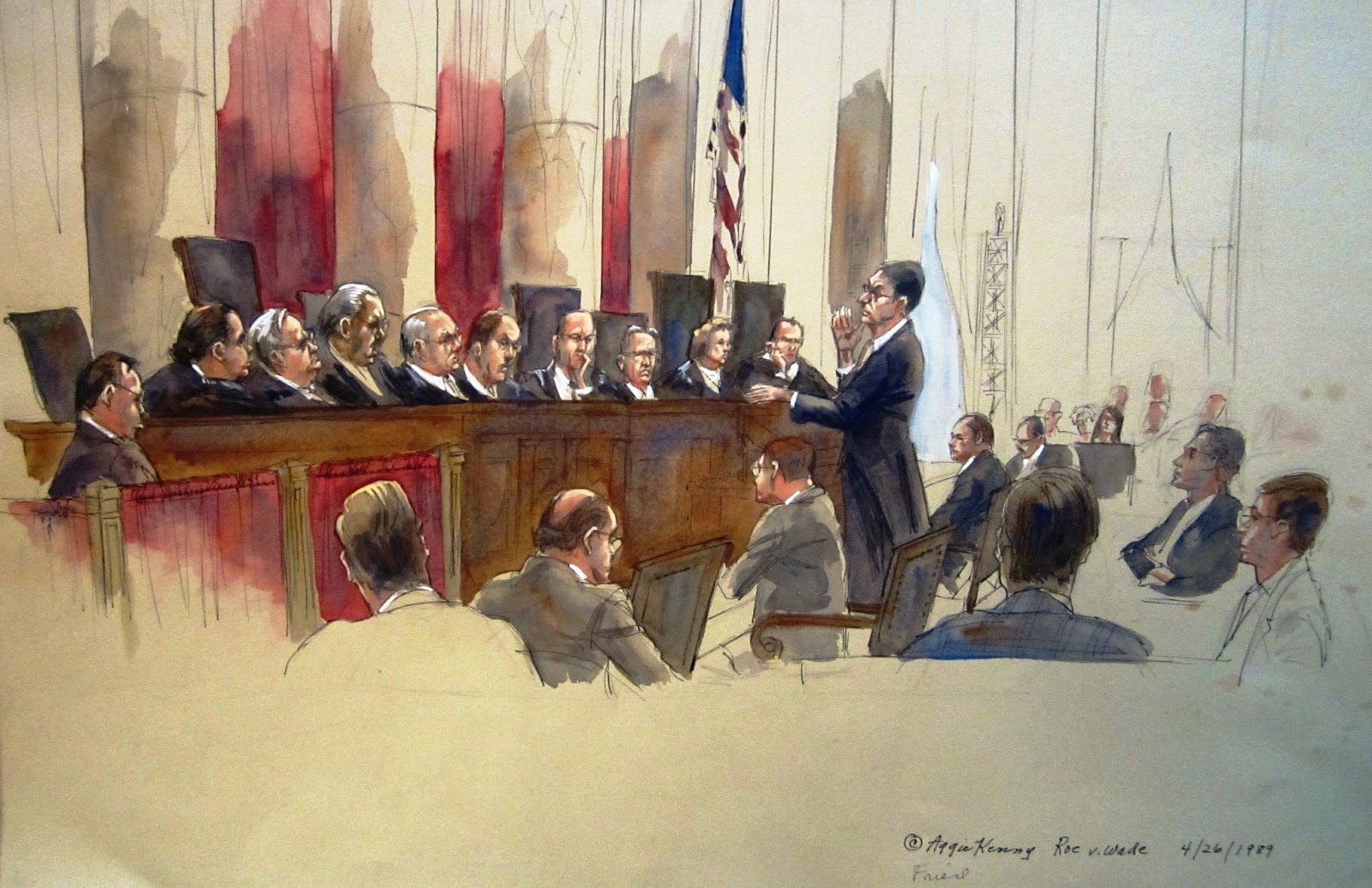 Illustrated Courtroom Roe v. Wade Was Passed 43 Years Ago. Artwork by