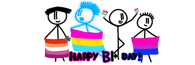 [Left to right: Amanda holds a lesbian flag with an asterisk, Life holds a pansexual flag, Fred waves two pansexual flags, and Alex holds a bi flag.] \n CAPTION: Happy Bi+ Day!