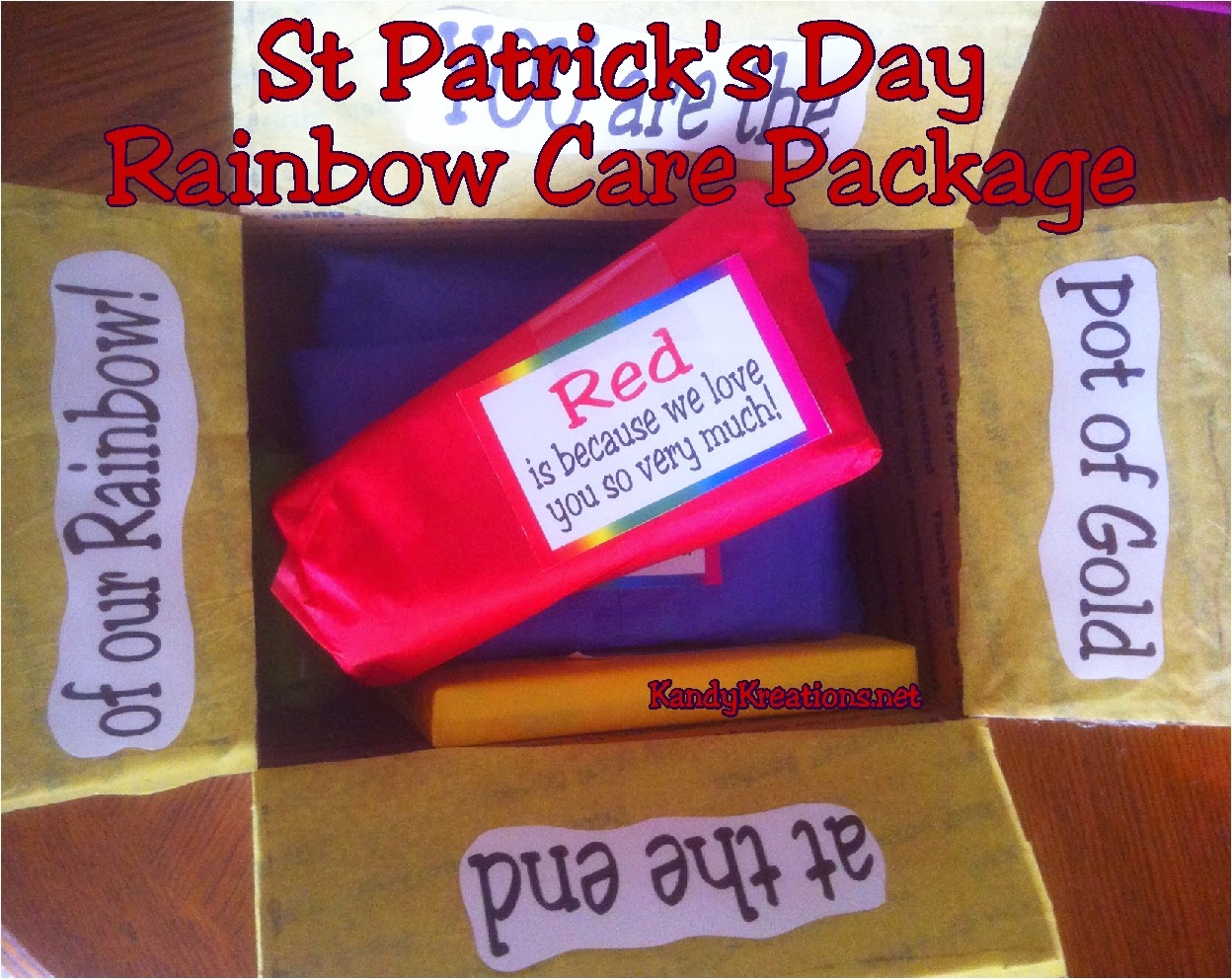 Send your love in a package this St Patrick's day with a fun rainbow colored care package.  Filled with every color of the rainbow and topped with free printable tags, your loved one will know they are the pot of gold at the end of your rainbow!