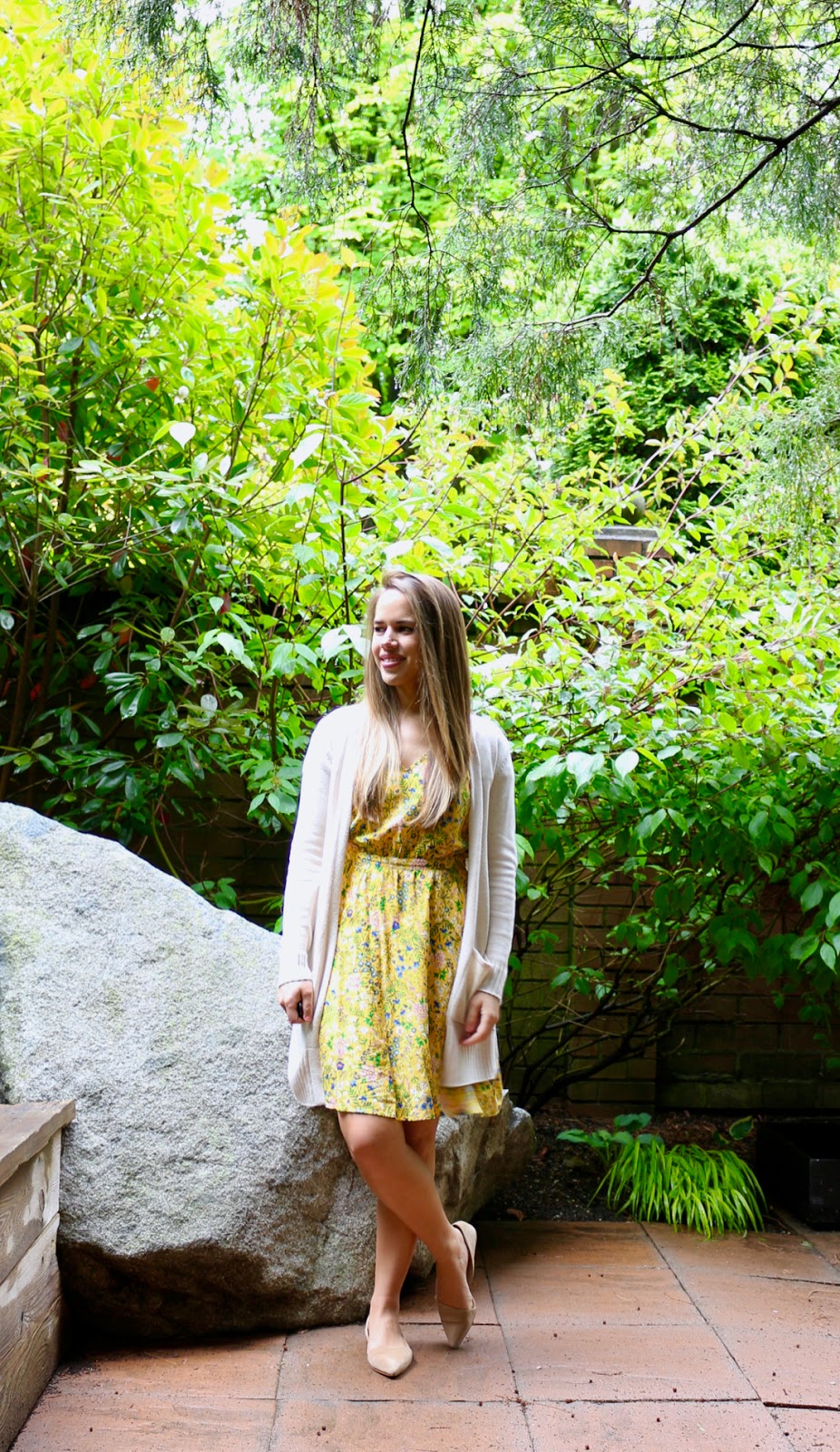 Jules in Flats - Old Navy Yellow Floral Waist-Defined V-Neck Dress and Open Front Sweater (Cardigan) (Business Casual Spring Workwear on a Budget) 