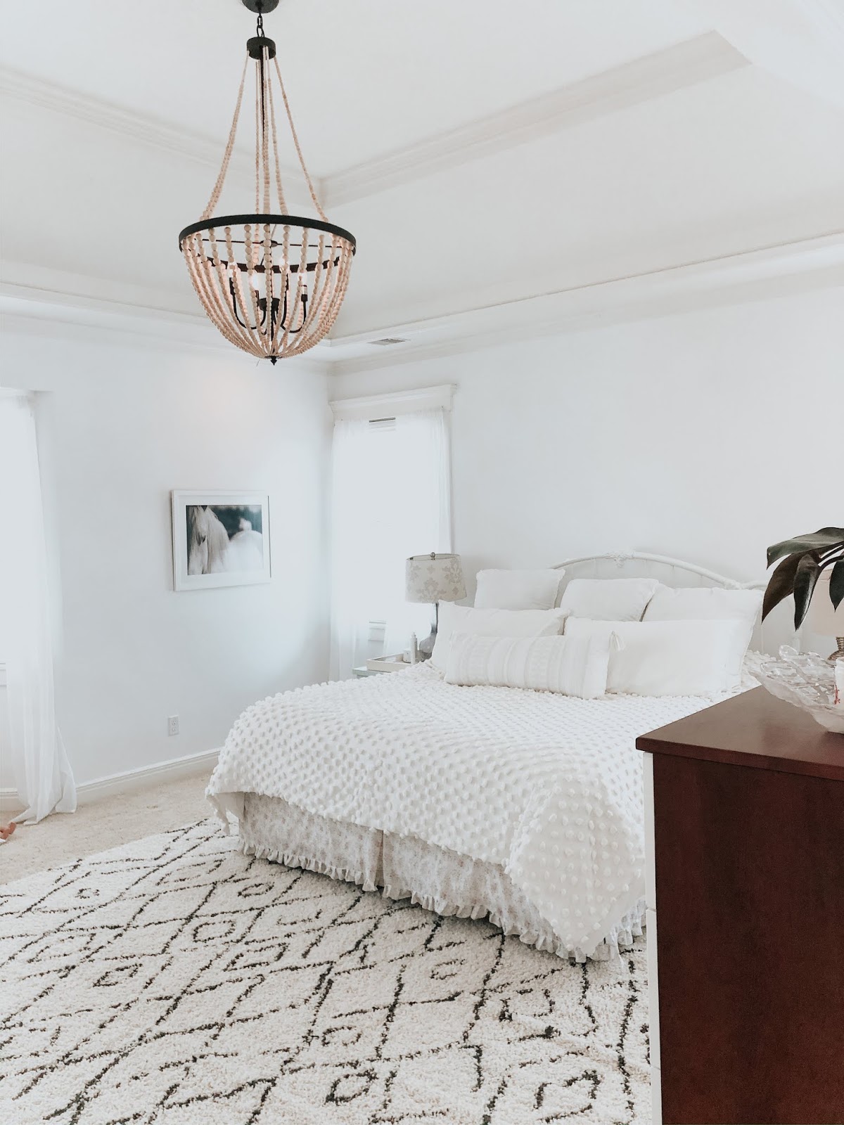 Wendy Correen Smith: Master Bedroom: Chantilly Lace Paint + Beaded  Chandelier + Organic Linen Bedding
