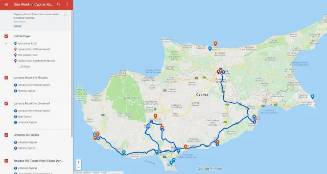 One week in Cyprus road trip map