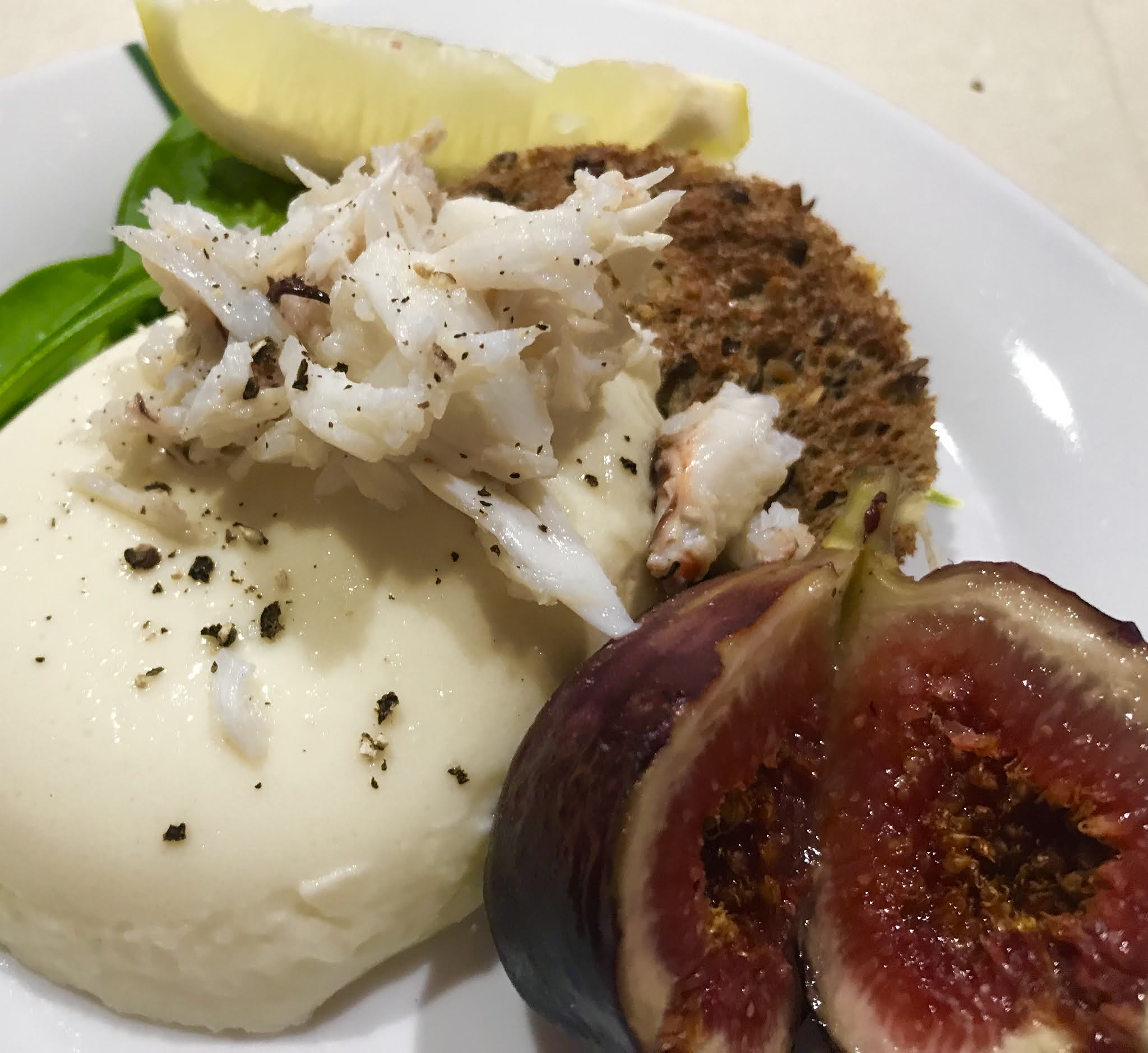 Crab Crepes and Blue Cheese Mousse topped with Crab and Fig